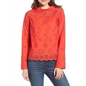 J.Crew Red Long Sleeve Scalloped Eyelet Lace Funnel Neck Blouse‎ Size 12 Spring